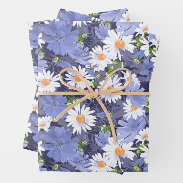 Chic Daisies Periwinkles Floral Wrapping Paper Sheet (In situ)