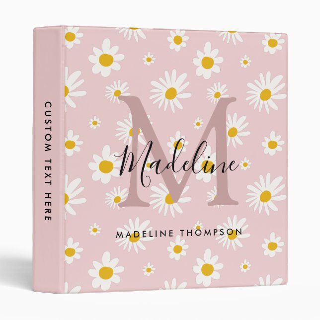Chic Daisy Flower Elegant Script Pink Monogram Binder (Front/Spine)