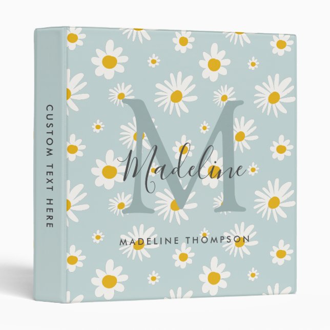 Chic Daisy Flower Elegant Script Teal Monogram Binder (Front/Spine)