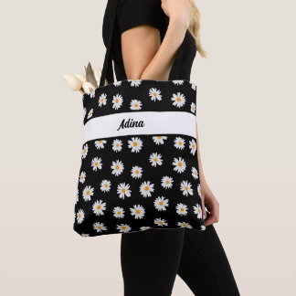 Chic daisy flowers pattern on black background tote bag
