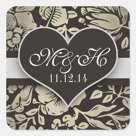 chic damask black love heart stickers