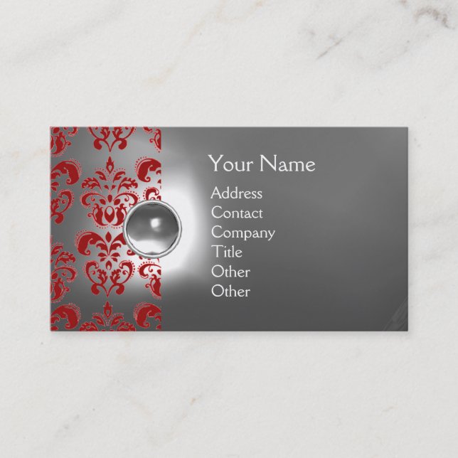 CHIC DAMASK GEM  MONOGRAM white red Business Card (Front)