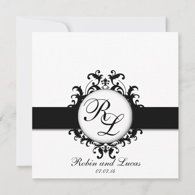Chic Damask Monograms Wedding Bride Groom Invitation (Front)