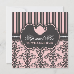 Chic Damask Pink Sip and See Baby Tea Invitation