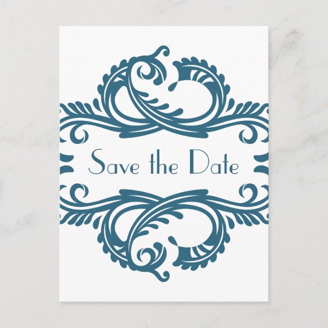 Chic Damask Save the Date Postcard, Blue Announcement Postcard (Front)