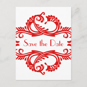 Chic Damask Save the Date Postcard, Red Announcement Postcard