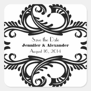 Chic Damask Save the Date Stickers, Black Square Sticker
