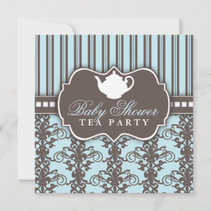 Chic Damask & Stripe Baby Shower Tea Invitation