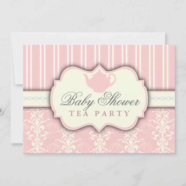Chic Damask & Stripe Baby shower Thé Invitation (Devant)