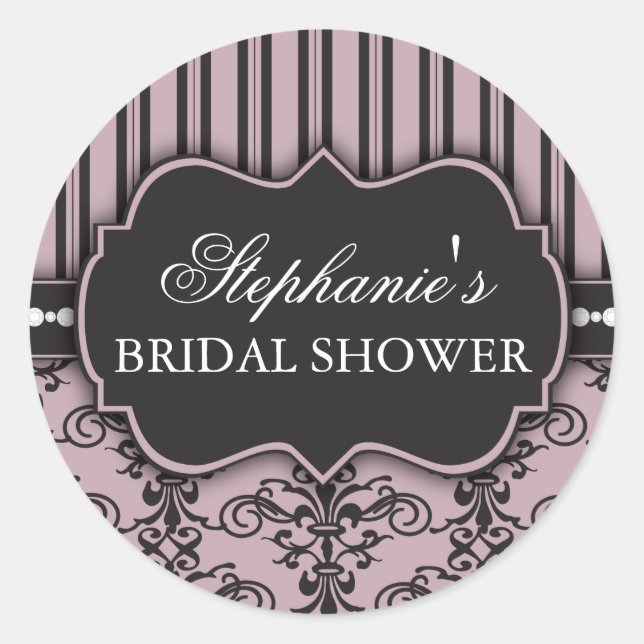 Chic Damask & Stripe Bridal Shower Favour Sticker (Front)