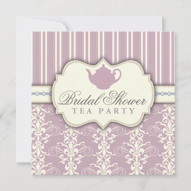 Chic Damask & Stripe Bridal Shower Tea Invitation (Front)