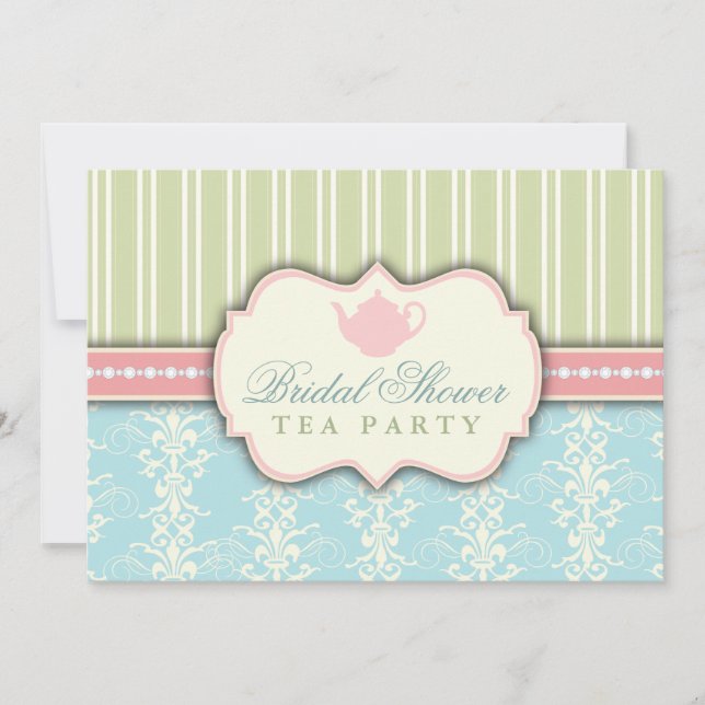 Chic Damask & Stripe Bridal Shower Tea Invitation (Front)