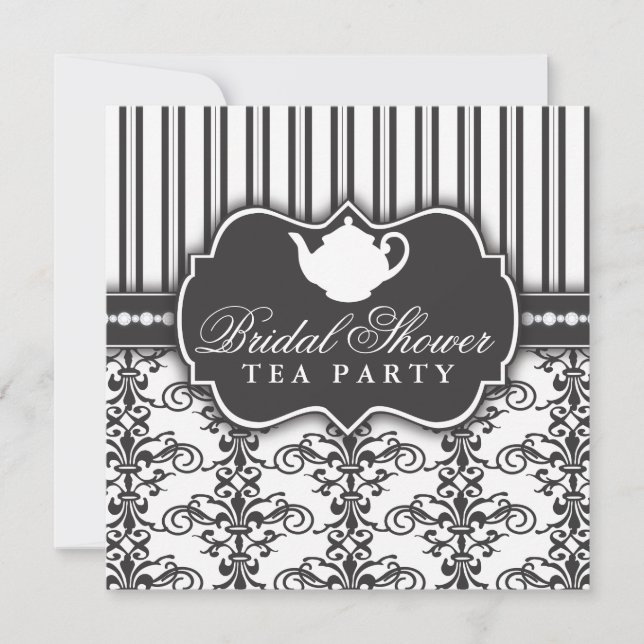 Chic Damask & Stripe Bridal Shower Tea Invitation (Front)