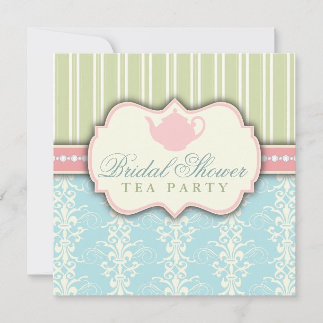 Chic Damask & Stripe Bridal Shower Tea Invitation (Front)