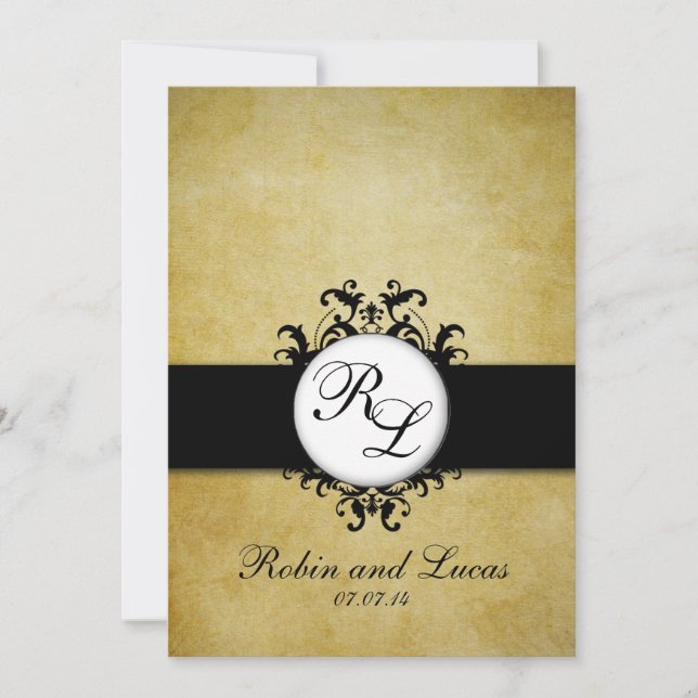 Chic Damask Vintage Monogram Wedding Invitation (Front)