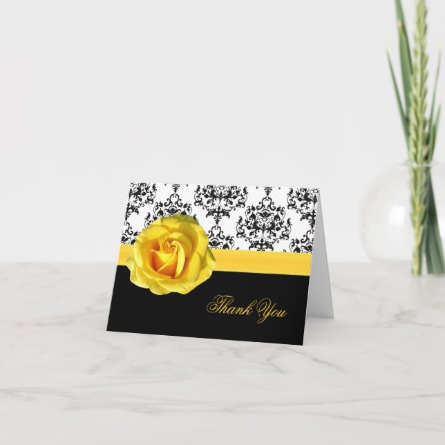 Chic Damask & Yellow Rose Thank You Card (Front)
