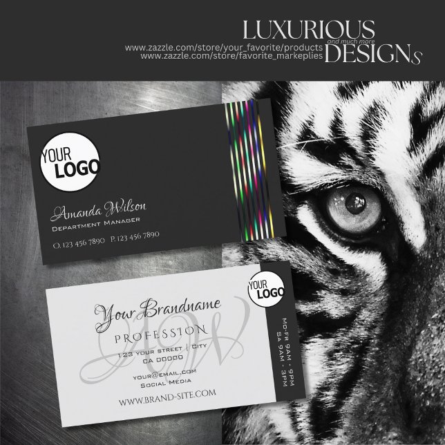 Chic Dark and Light Grey Colourful Stripes add Log Business Card (Creator Uploaded)