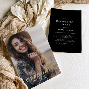 Chic Dark Black Gold Foil Photo Graduation Party