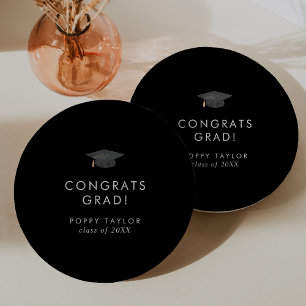 Chic Dark Black Grad Cap Congrats Grad Graduation Paper Plate
