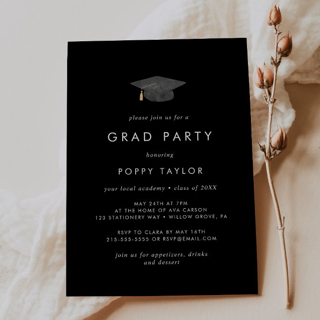 Chic Dark Black Graduation Cap Grad Party Invitation (Creator Uploaded)