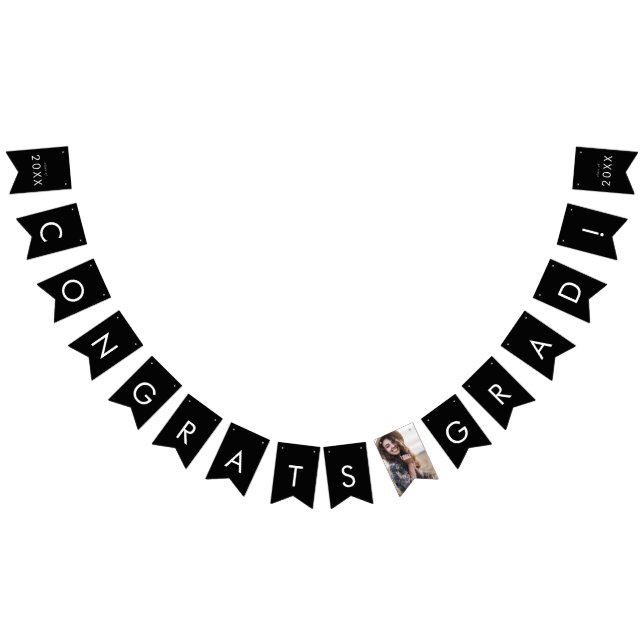 Chic Dark Black Photo Year Congrats Grad Bunting Flags (All)