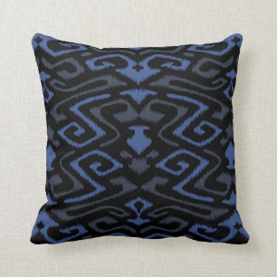 Chic dark blue and black tribal ikat print throw pillow