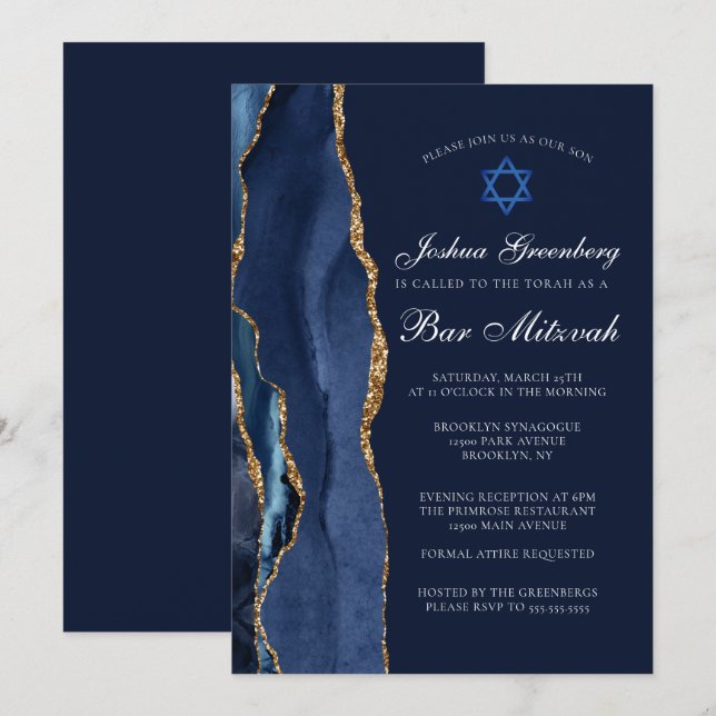Chic Dark Blue Gold Agate Bar Mitzvah Party Invitation (Front/Back)