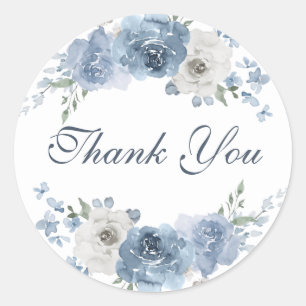 Chic Dark Blue Ivory Floral Wedding Thank You Classic Round Sticker