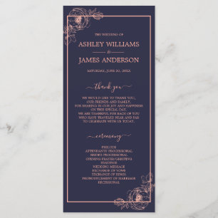 Chic Dark Blue Rose Gold Floral Outline Wedding Program
