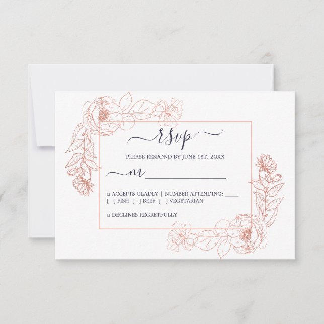Chic Dark Blue Rose Gold Floral Outline Wedding RSVP Card (Front)
