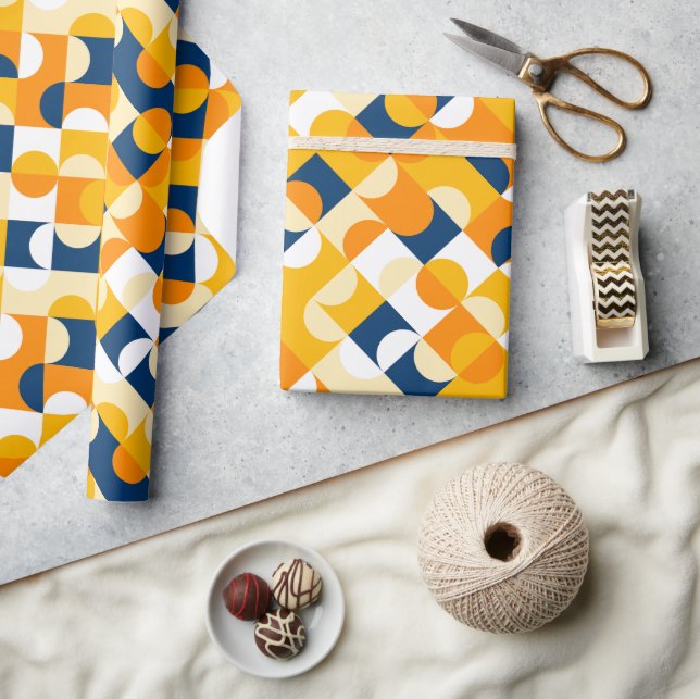 Chic Dark Blue Sunny Yellow Circles Art Pattern Wrapping Paper (Crafts)