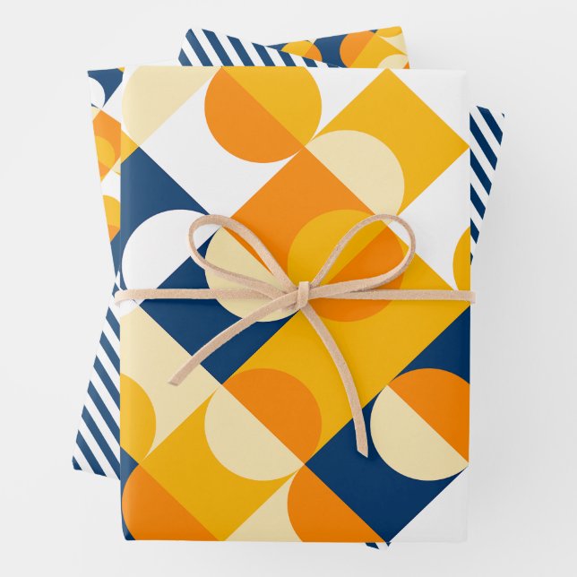 Chic Dark Blue Sunny Yellow Circles Art Pattern Wrapping Paper Sheet (In situ)