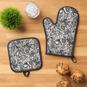 Chic Dark Blue White Grey Paisley Art Pattern Oven Mitt & Pot Holder Set