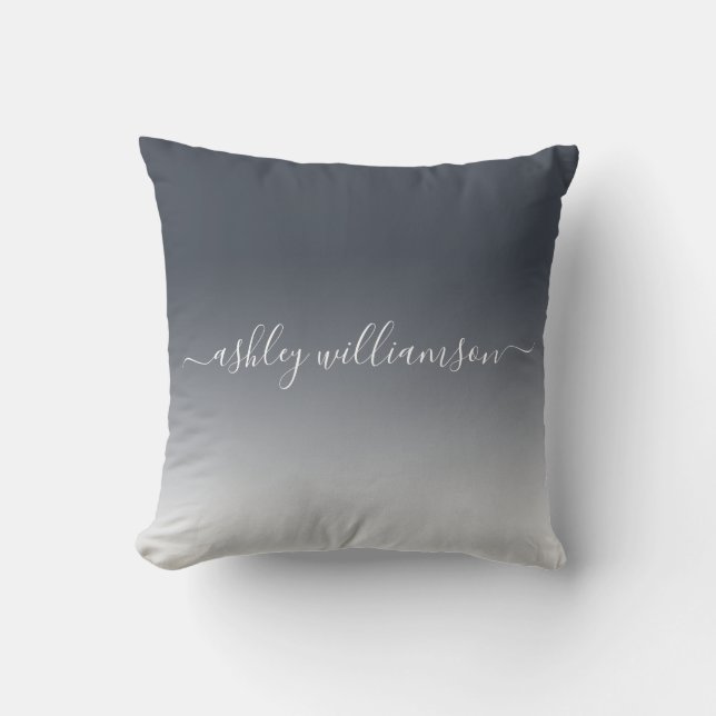 Chic Dark Blue White Ombre Effect Monogram Name Throw Pillow (Front)