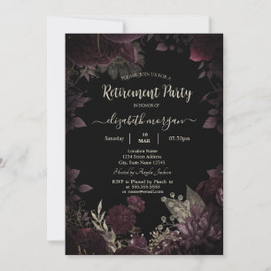 Chic Dark Burgundy Flowers Frame Retirement   Invitation