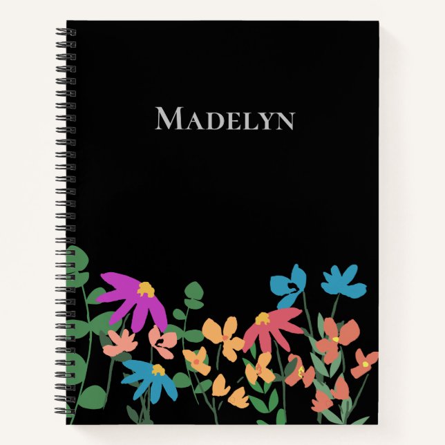 Chic Dark Colourful floral pattern personalized Notebook (Front)