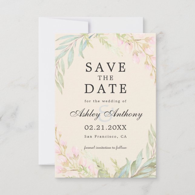 Chic Dark Emerald and Pink Floral Elegant Save The Date (Front)