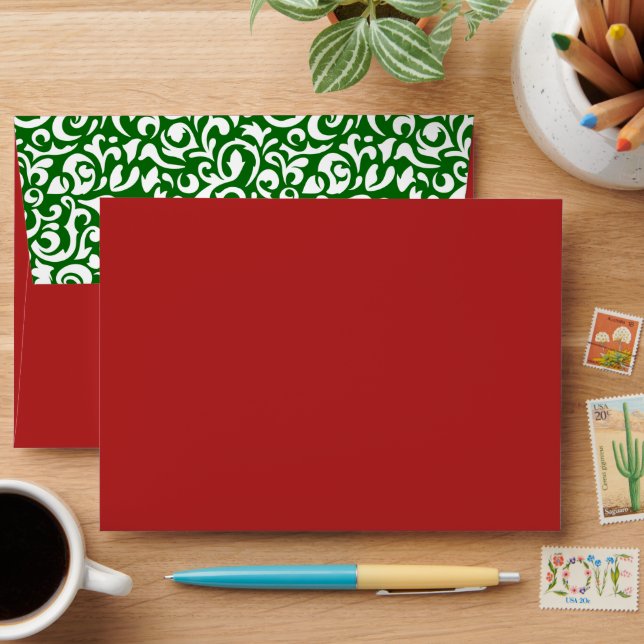 Chic Dark Green White Damask Floral Art Pattern Envelope (Desk)