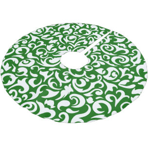 Chic Dark Green White Damask Floral Pattern Brushed Polyester Tree Skirt