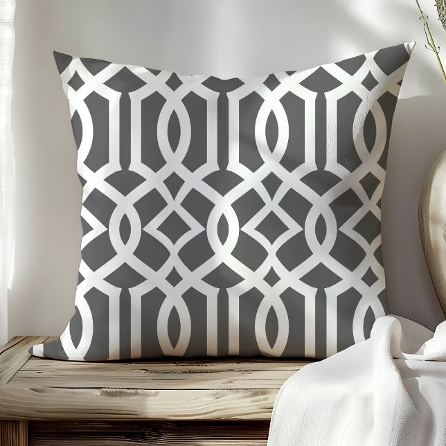 Chic Dark Grey and White Moroccan Trellis Pattern Throw Pillow (Creator Uploaded)
