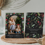 Chic Dark Grey Happy Holidays Botanical Arch Photo Holiday Card<br><div class="desc">This collection features watercolor red florals,  berries & winter greenery with modern & elegant typography,  with a winter botanical pattern back.</div>