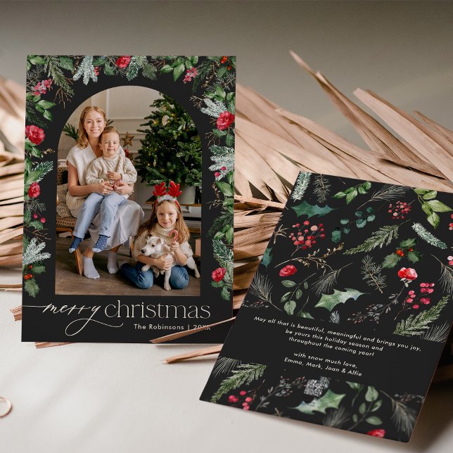 Chic Dark Grey Modern Arch 1 Photo Merry Christmas Holiday Card (Creator Uploaded)