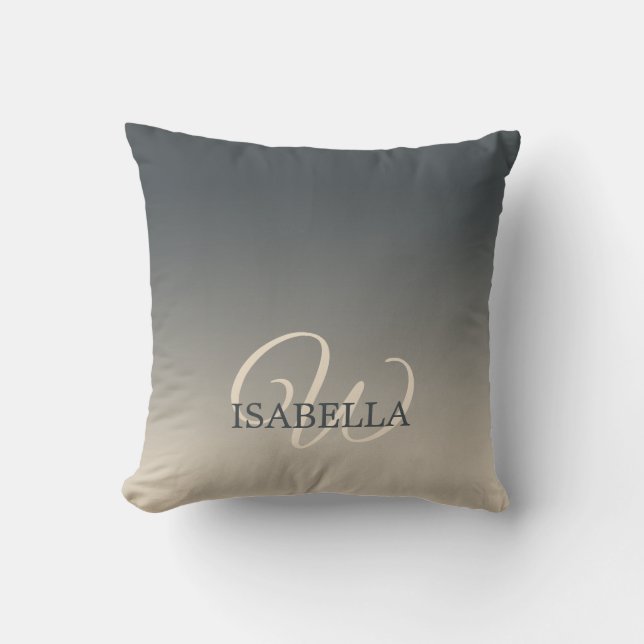 Chic Dark Grey Off-White Ombre Monogram Name Throw Pillow (Front)