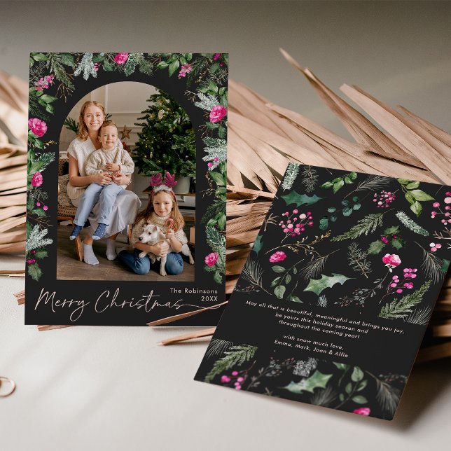 Chic Dark Grey Pink Greenery Arch Photo Christmas Holiday Card (Creator Uploaded)