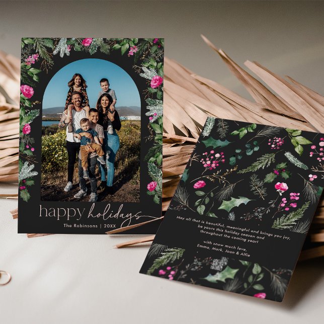 Chic Dark Grey Pink Greenery Foliage Arch Photo Holiday Card (Creator Uploaded)