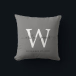 Chic Dark Grey White Monogram Wedding Keepsake Throw Pillow<br><div class="desc">Elegant wedding keepsake pillow with your text in off-black handwritten chic script calligraphy on a dark grey background. Simply add your names, monogram and wedding date. Great gift for a newlywed couple. Exclusively designed for you by Happy Dolphin Studio. If you need any help or matching products, please contact us...</div>