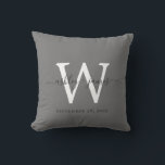 Chic Dark Grey White Monogram Wedding Keepsake Throw Pillow<br><div class="desc">Elegant wedding keepsake pillow with your text in off-black handwritten chic script calligraphy on a dark grey background. Simply add your names, monogram and wedding date. Great gift for a newlywed couple. Exclusively designed for you by Happy Dolphin Studio. If you need any help or matching products, please contact us...</div>