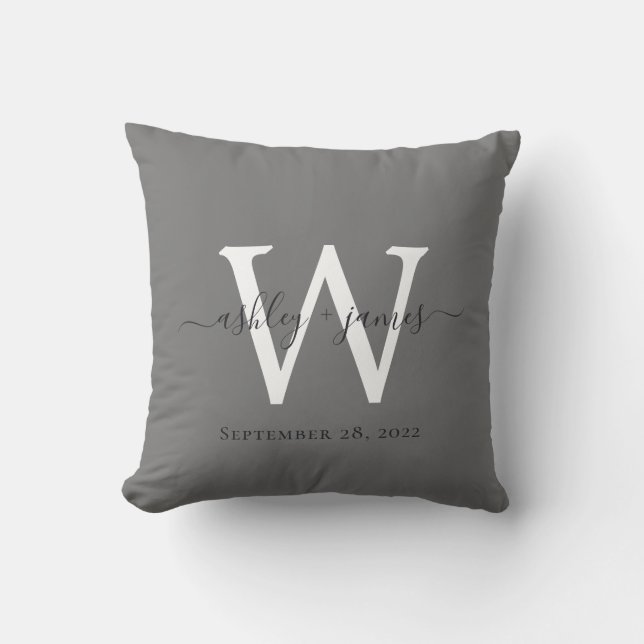 Chic Dark Grey White Monogram Wedding Keepsake Throw Pillow (Front)
