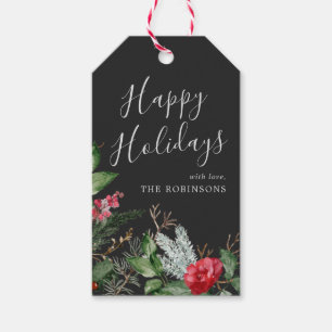 Chic Dark Grey Winter Botanical Happy Holiday Gift Tags