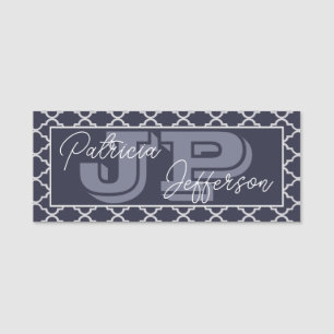 Chic Dark Indigo Blue Moroccan Quatrefoil Monogram Name Tag